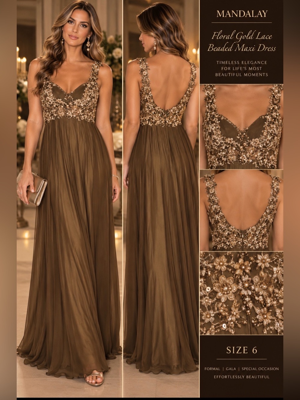 Mandalay Floral Gold Lace Beaded Maxi Dress‎ Women 6 NEW Elegant Dinner Parties